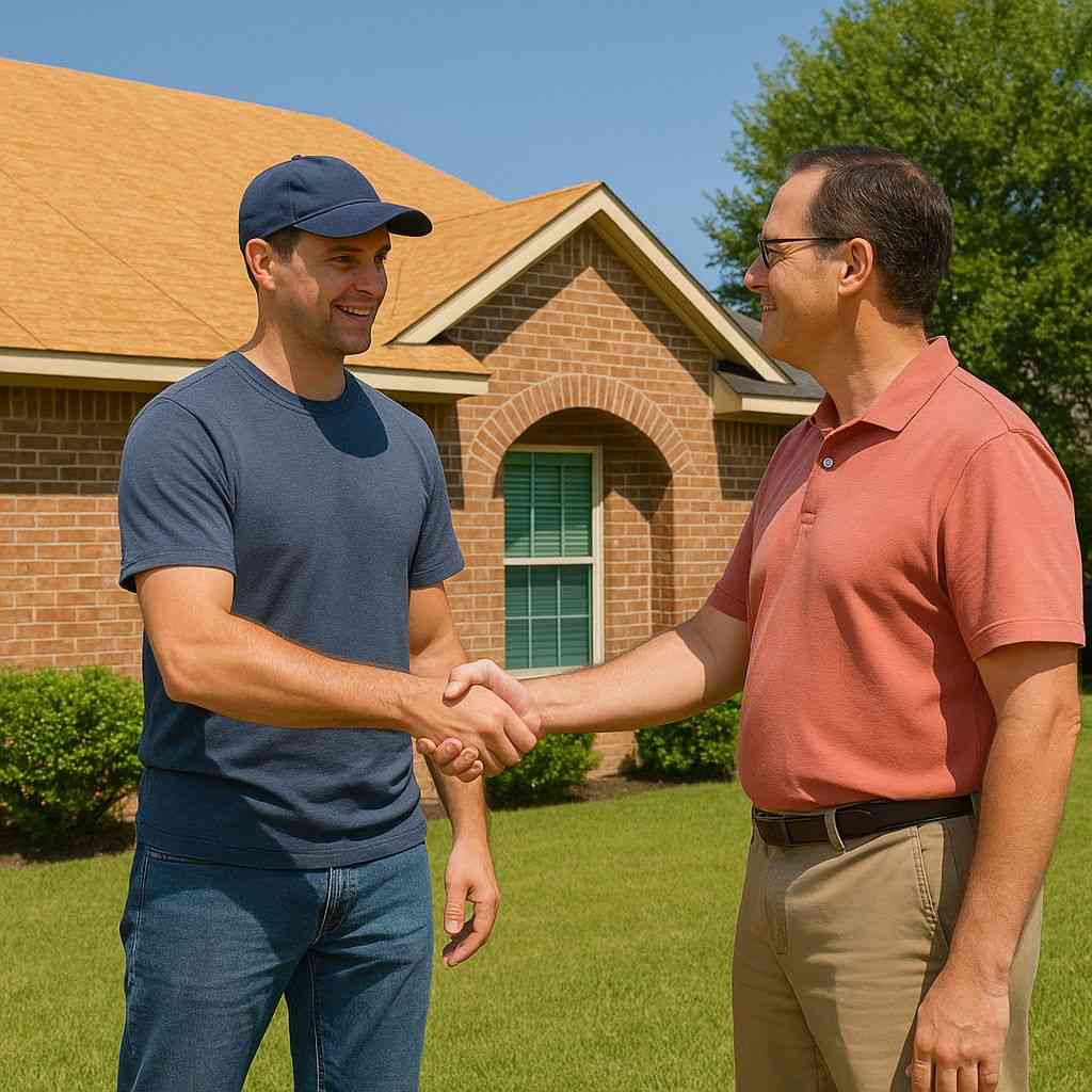 Roofer-talking-to-home-owner