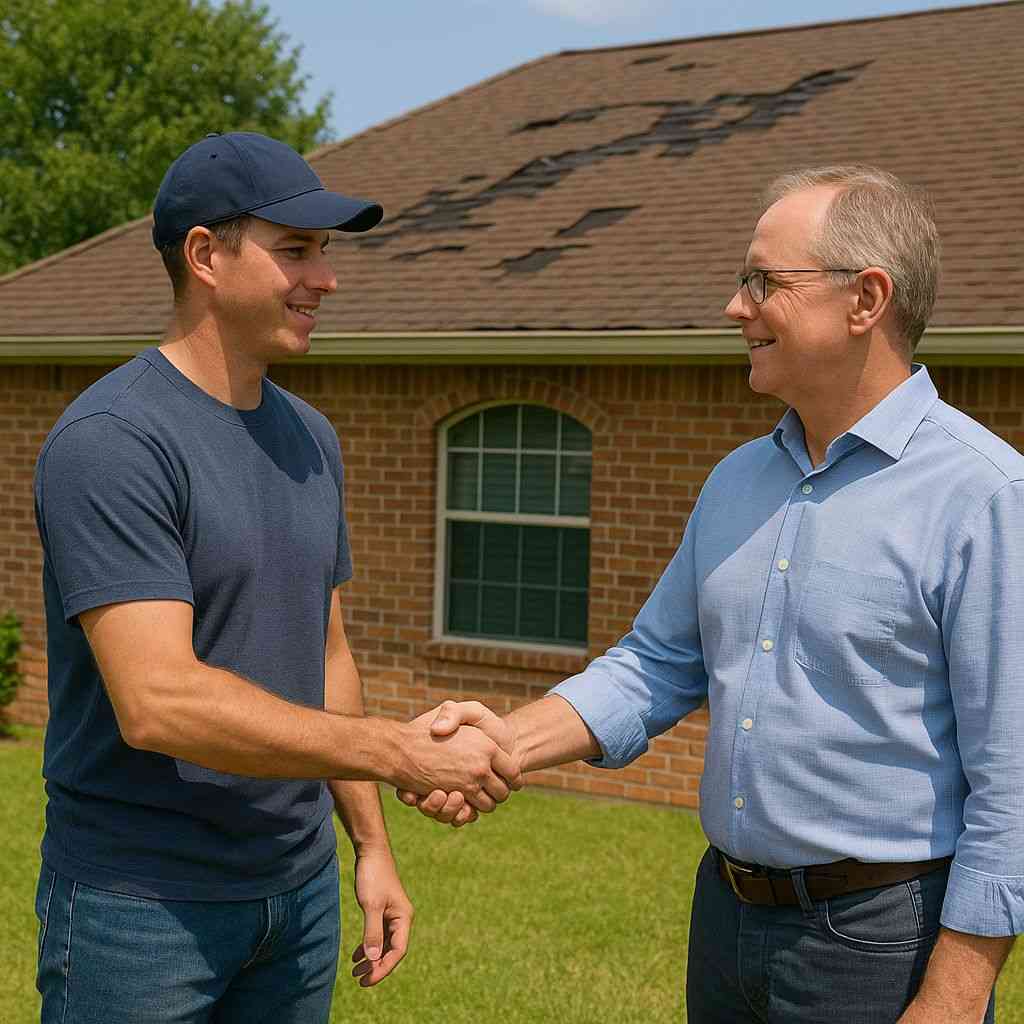 Roofer-talking-to-home-owner-Roof-Damage